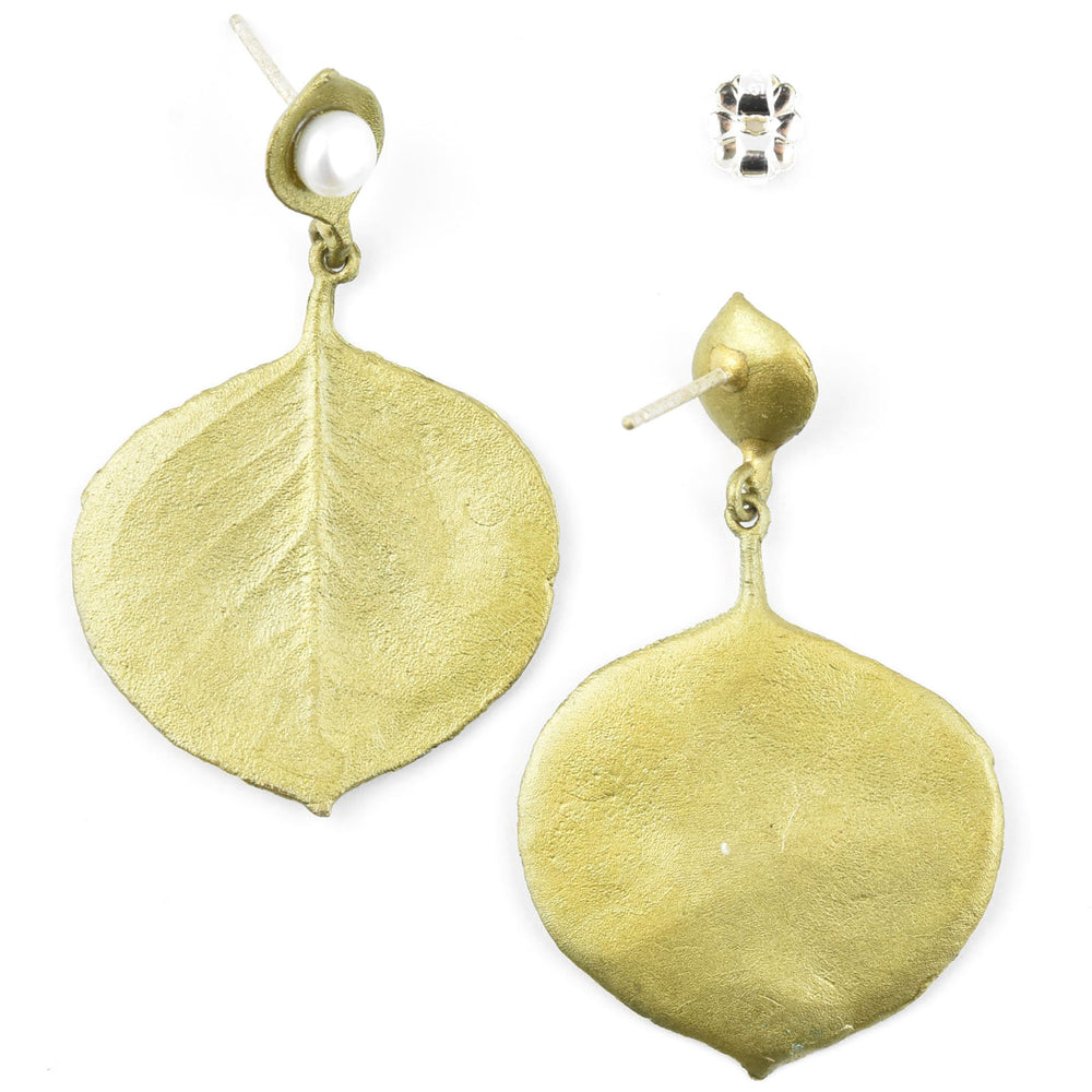 Round Leaf Eucalyptus  Earrings w/ Pearls - Goldmakers Fine Jewelry