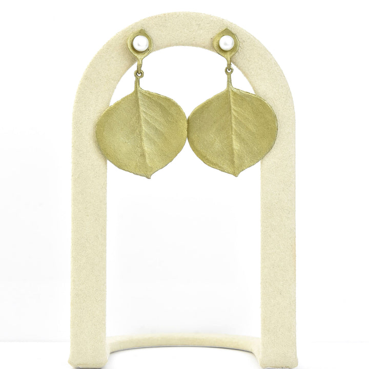 Round Leaf Eucalyptus  Earrings w/ Pearls - Goldmakers Fine Jewelry