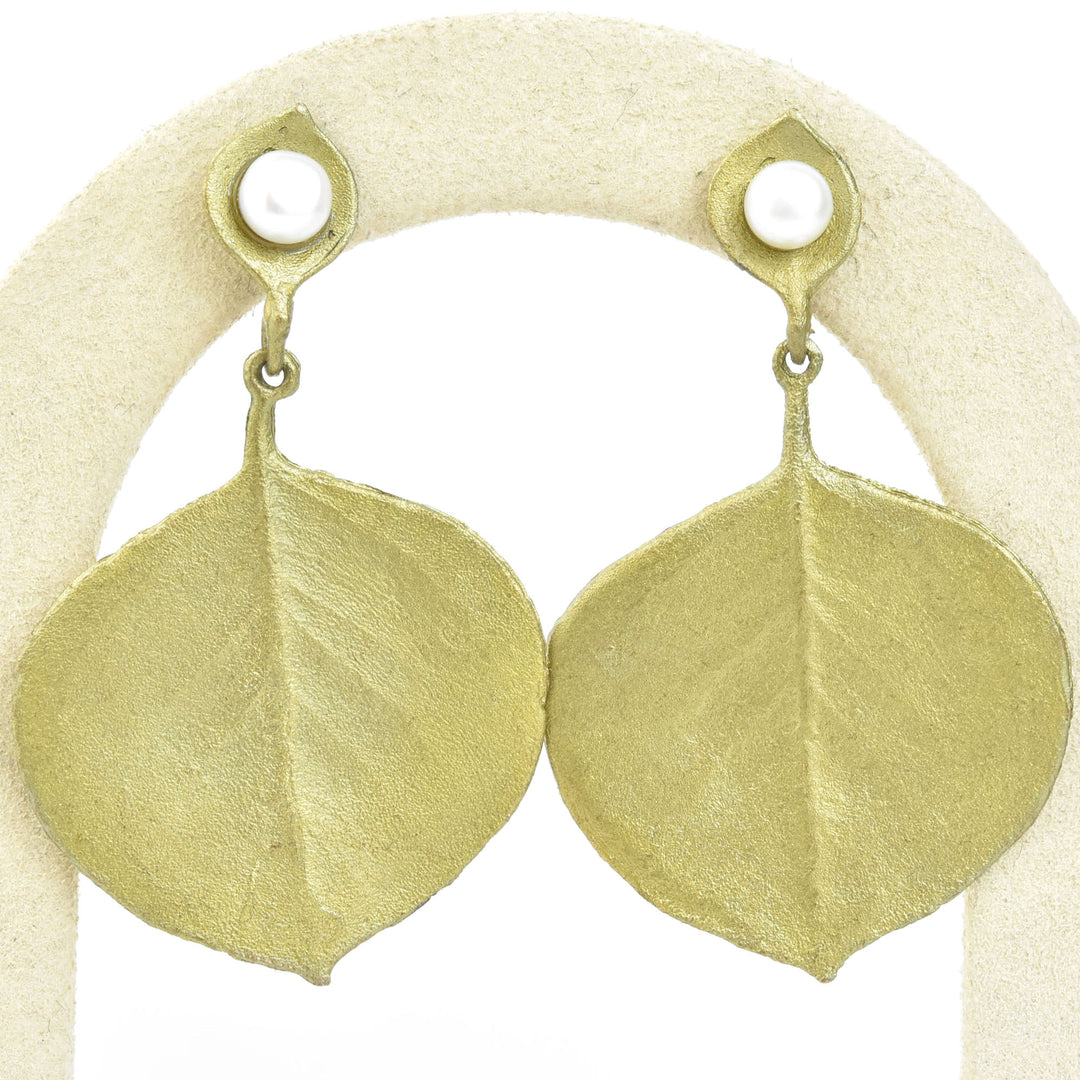 Round Leaf Eucalyptus  Earrings w/ Pearls - Goldmakers Fine Jewelry