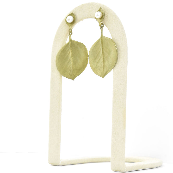 Round Leaf Eucalyptus  Earrings w/ Pearls - Goldmakers Fine Jewelry