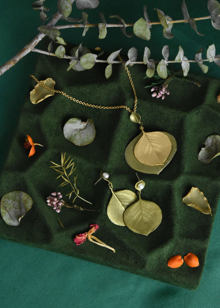Round Leaf Eucalyptus  Earrings w/ Pearls - Goldmakers Fine Jewelry
