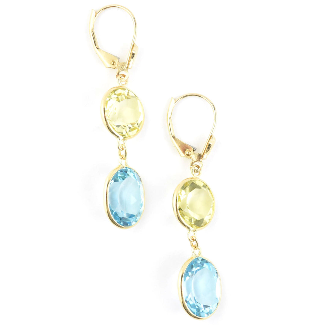 Blue Topaz & Lemon Quartz Earrings in 14k Yellow Gold