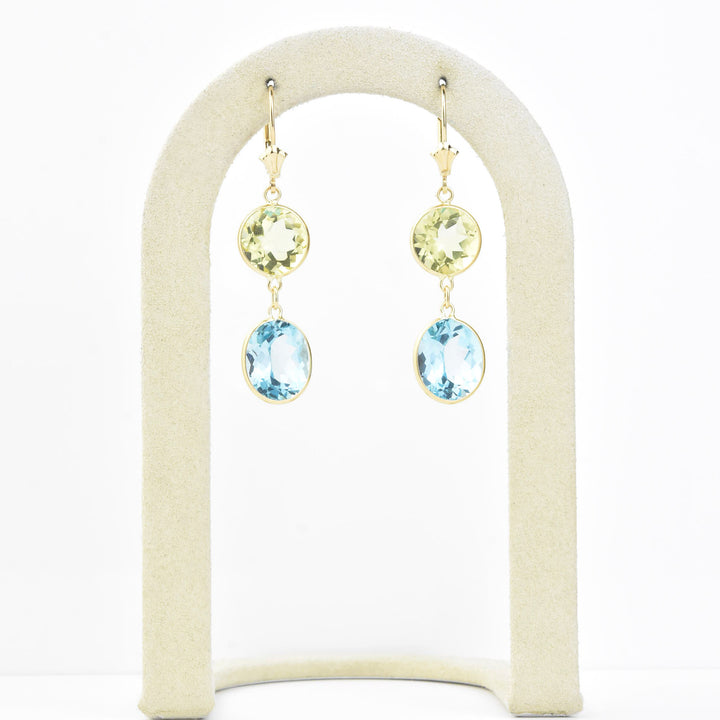 Blue Topaz & Lemon Quartz Earrings in 14k Yellow Gold