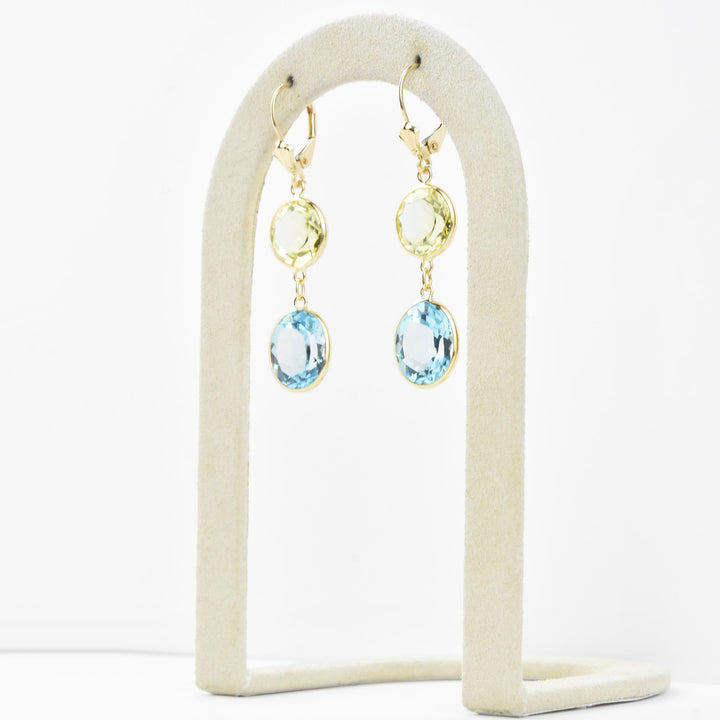 Blue Topaz & Lemon Quartz Earrings in 14k Yellow Gold