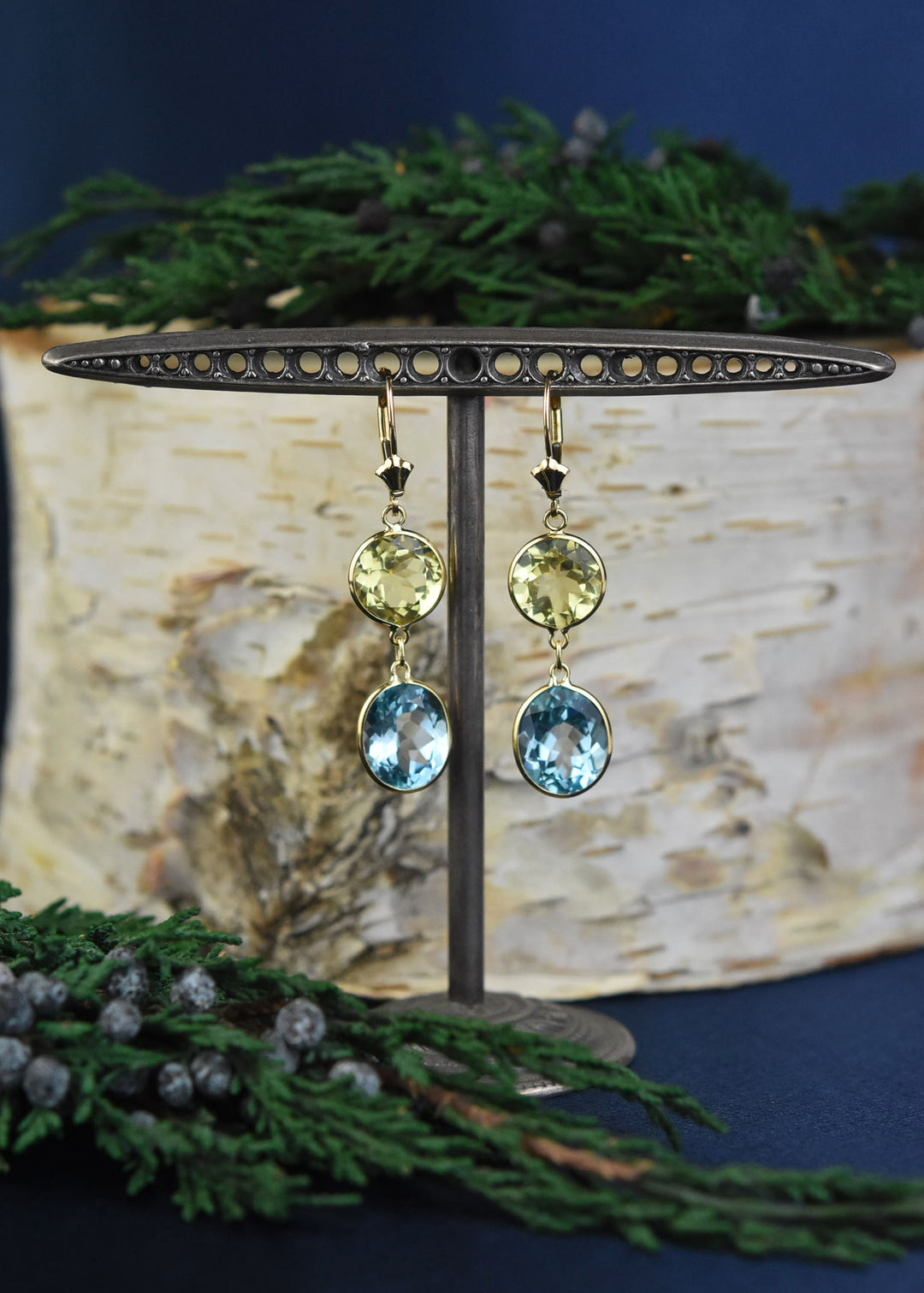 Blue Topaz & Lemon Quartz Earrings in 14k Yellow Gold