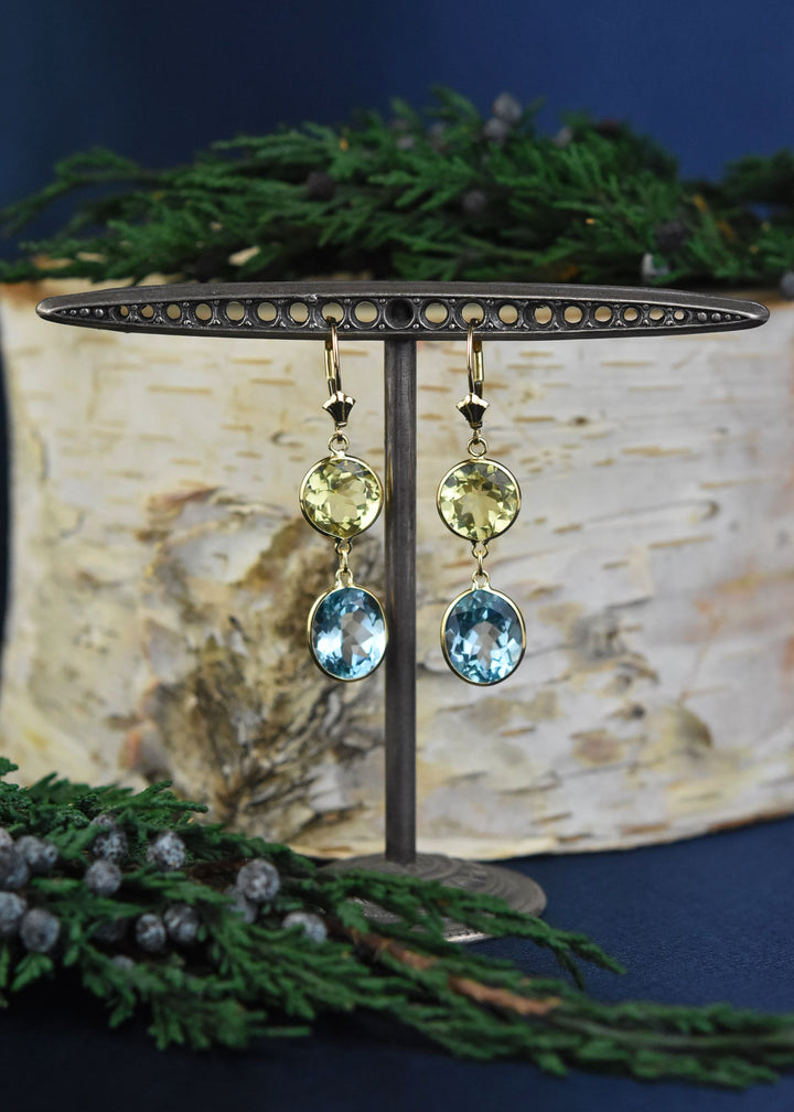 Blue Topaz & Lemon Quartz Earrings in 14k Yellow Gold