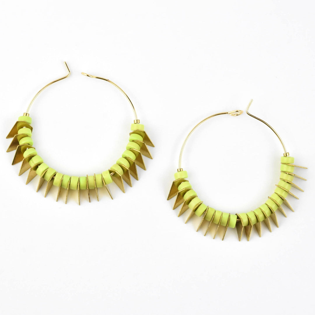 Lime Green and Brass Bead Hoop Earrings - Goldmakers Fine Jewelry