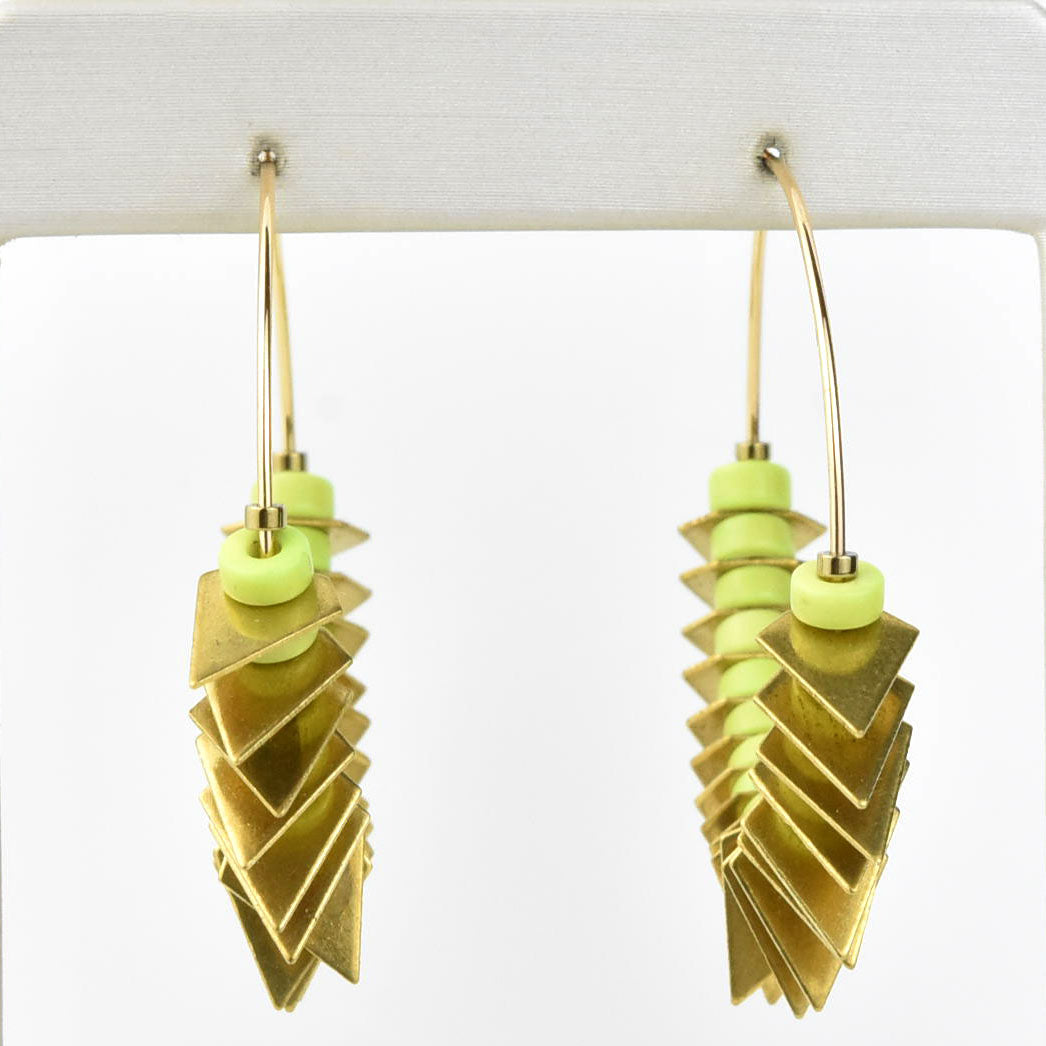 Lime Green and Brass Bead Hoop Earrings - Goldmakers Fine Jewelry