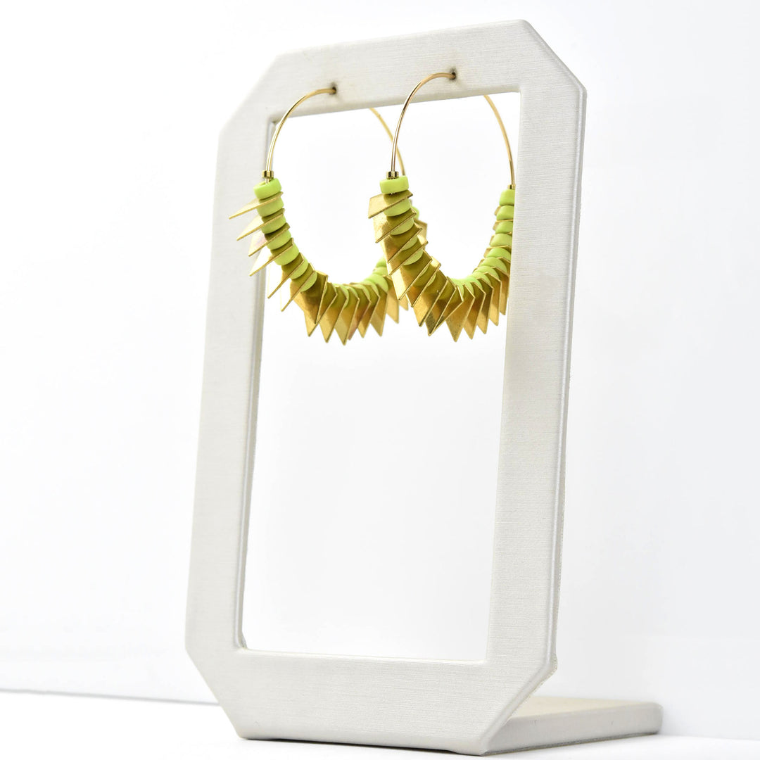 Lime Green and Brass Bead Hoop Earrings - Goldmakers Fine Jewelry