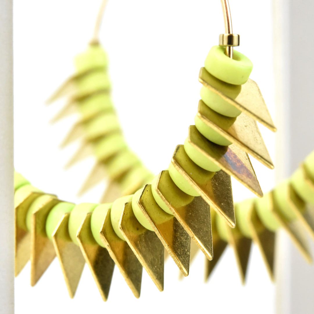 Lime Green and Brass Bead Hoop Earrings - Goldmakers Fine Jewelry