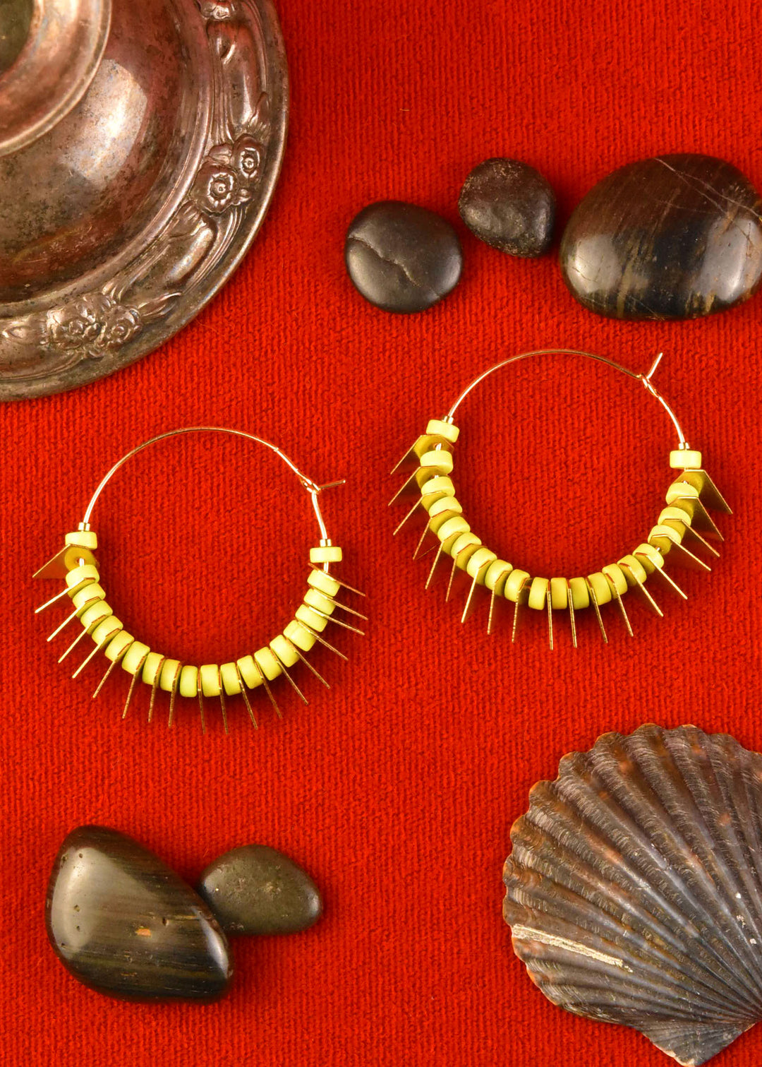 Lime Green and Brass Bead Hoop Earrings - Goldmakers Fine Jewelry