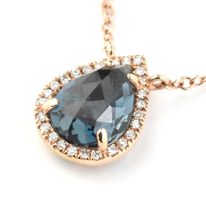 London Blue Topaz & Diamond Halo Necklace 14k Rose Gold
