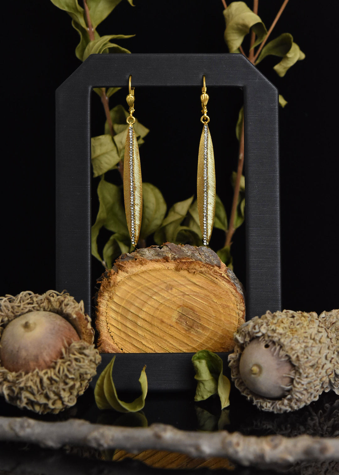 Long Crystal Leaf Earrings