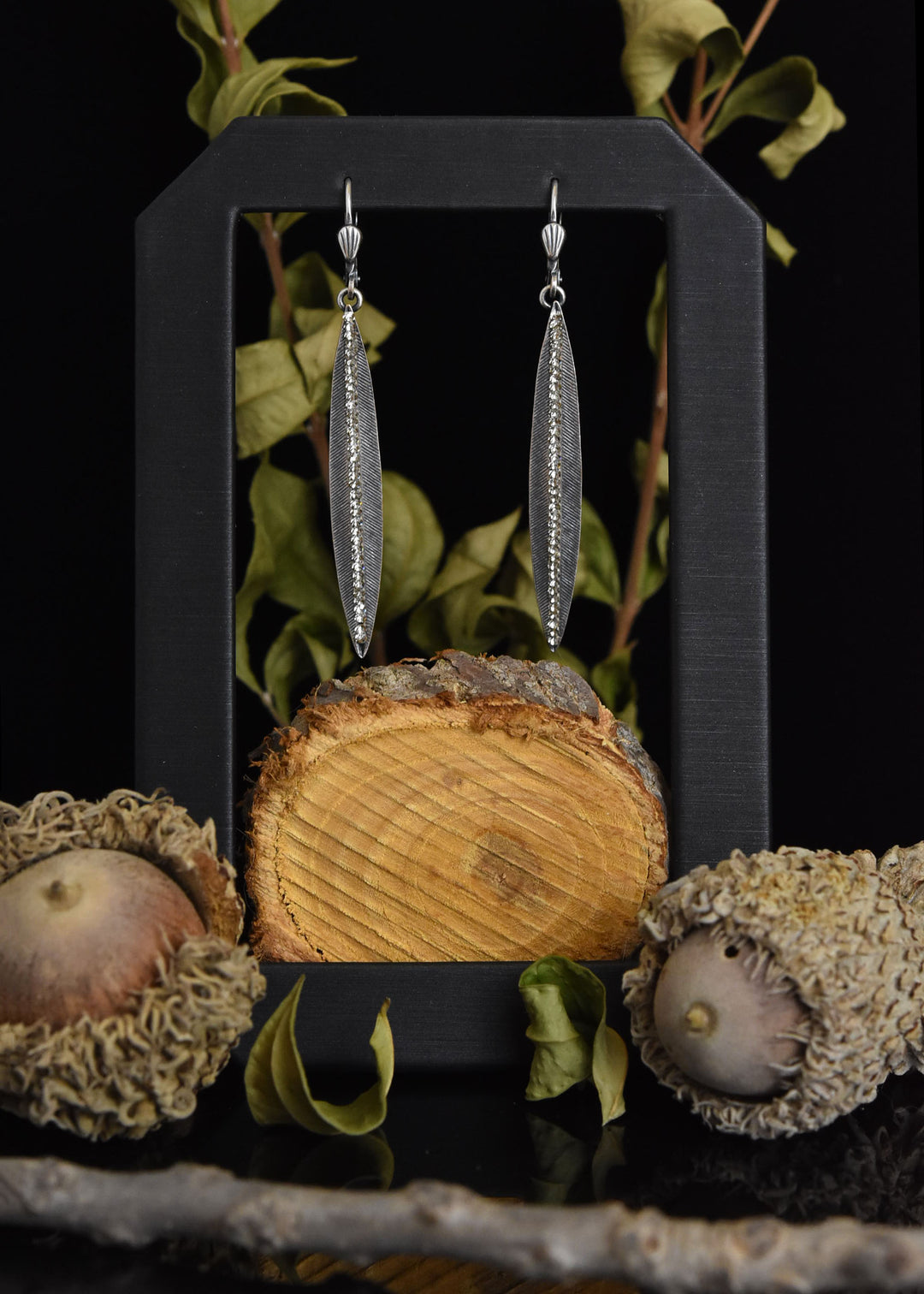 Long Crystal Leaf Earrings