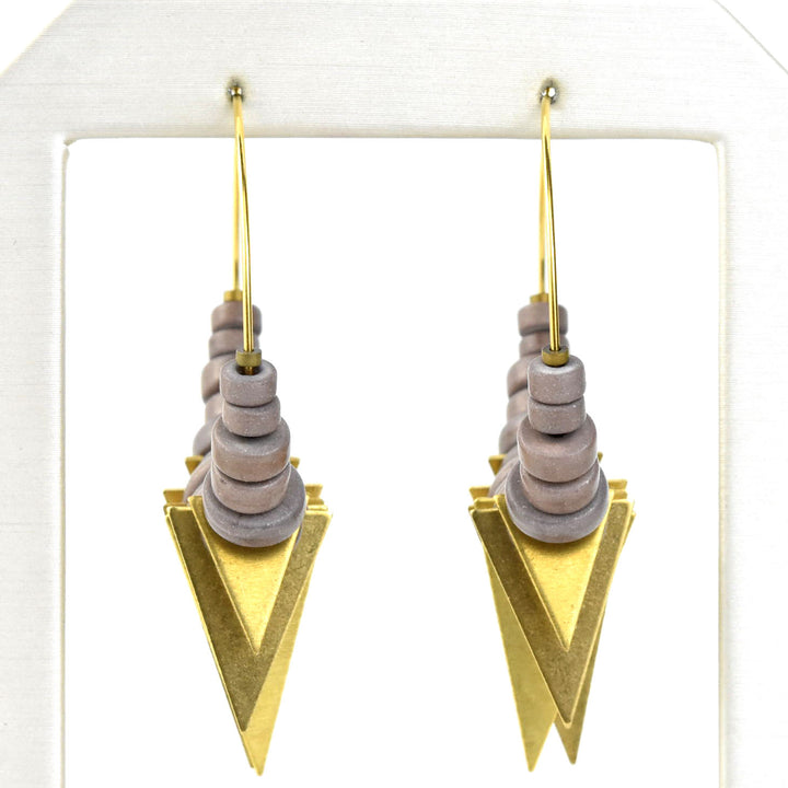 Mauve and Brass Triangle Bead Hoops