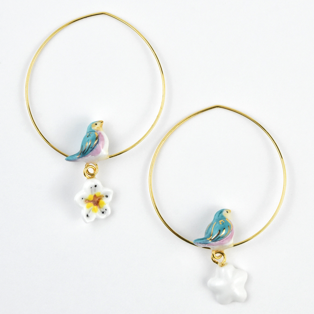 Bluebird and Flower Dangle Hoops - Goldmakers Fine Jewelry