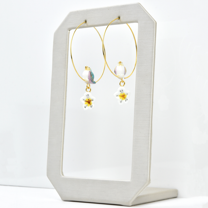 Bluebird and Flower Dangle Hoops - Goldmakers Fine Jewelry