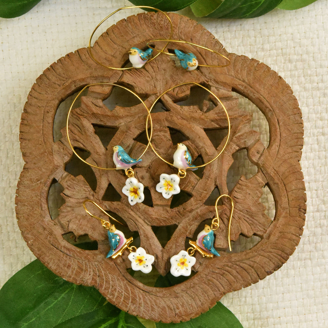 Harvest Time Bluebird on Branch Earrings - Goldmakers Fine Jewelry