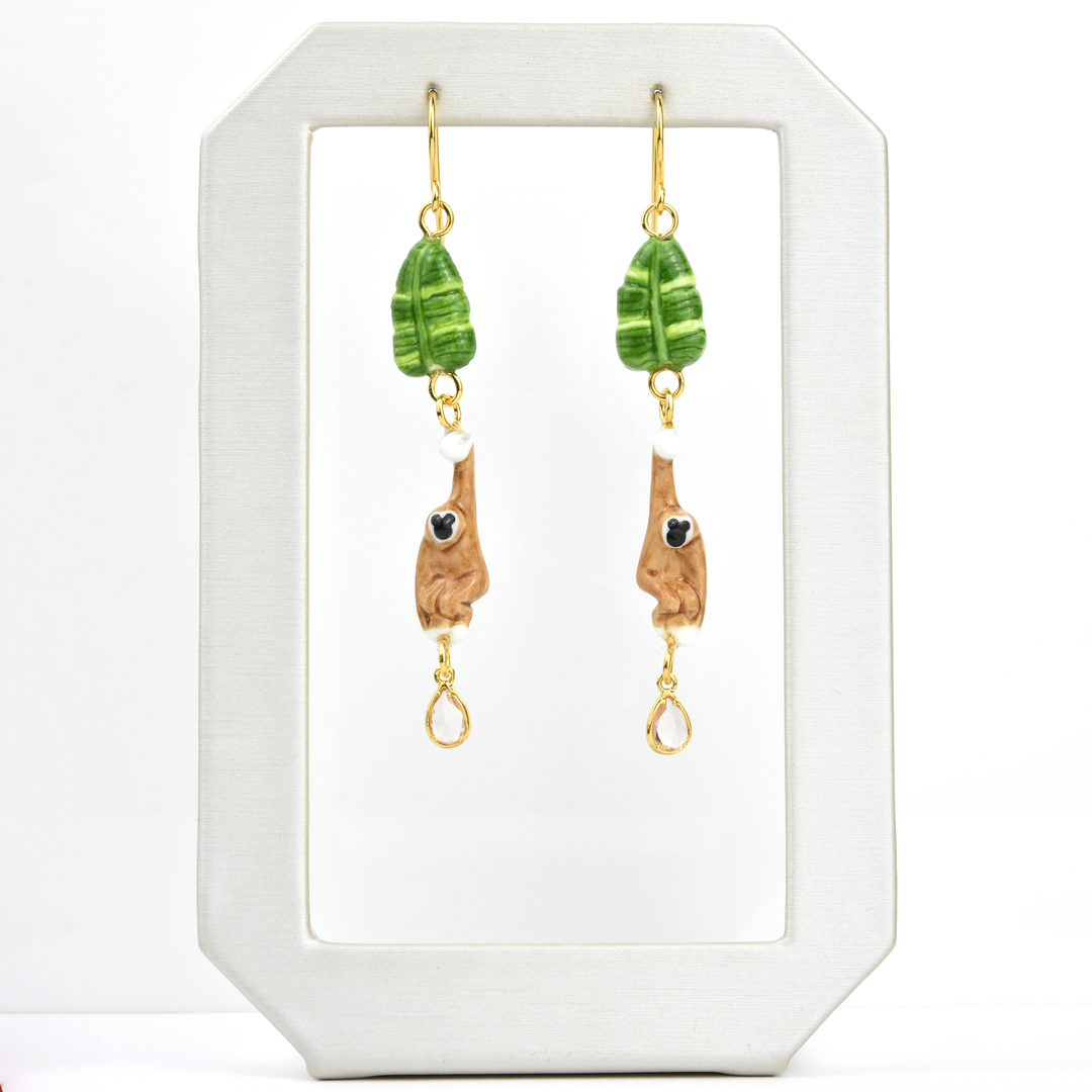 Gibbon and Leaf Earrings with Gem - Goldmakers Fine Jewelry