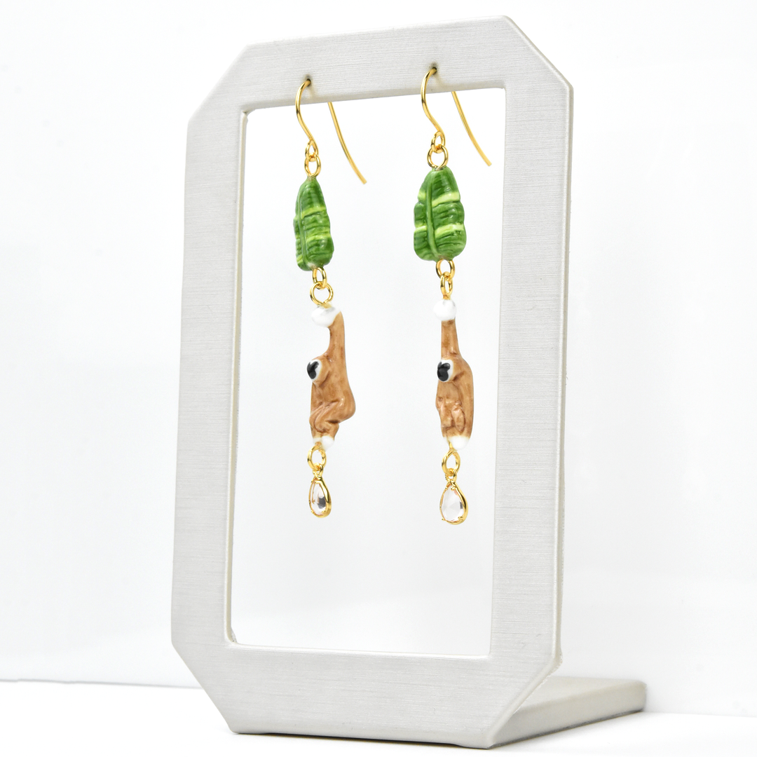 Gibbon and Leaf Earrings with Gem - Goldmakers Fine Jewelry