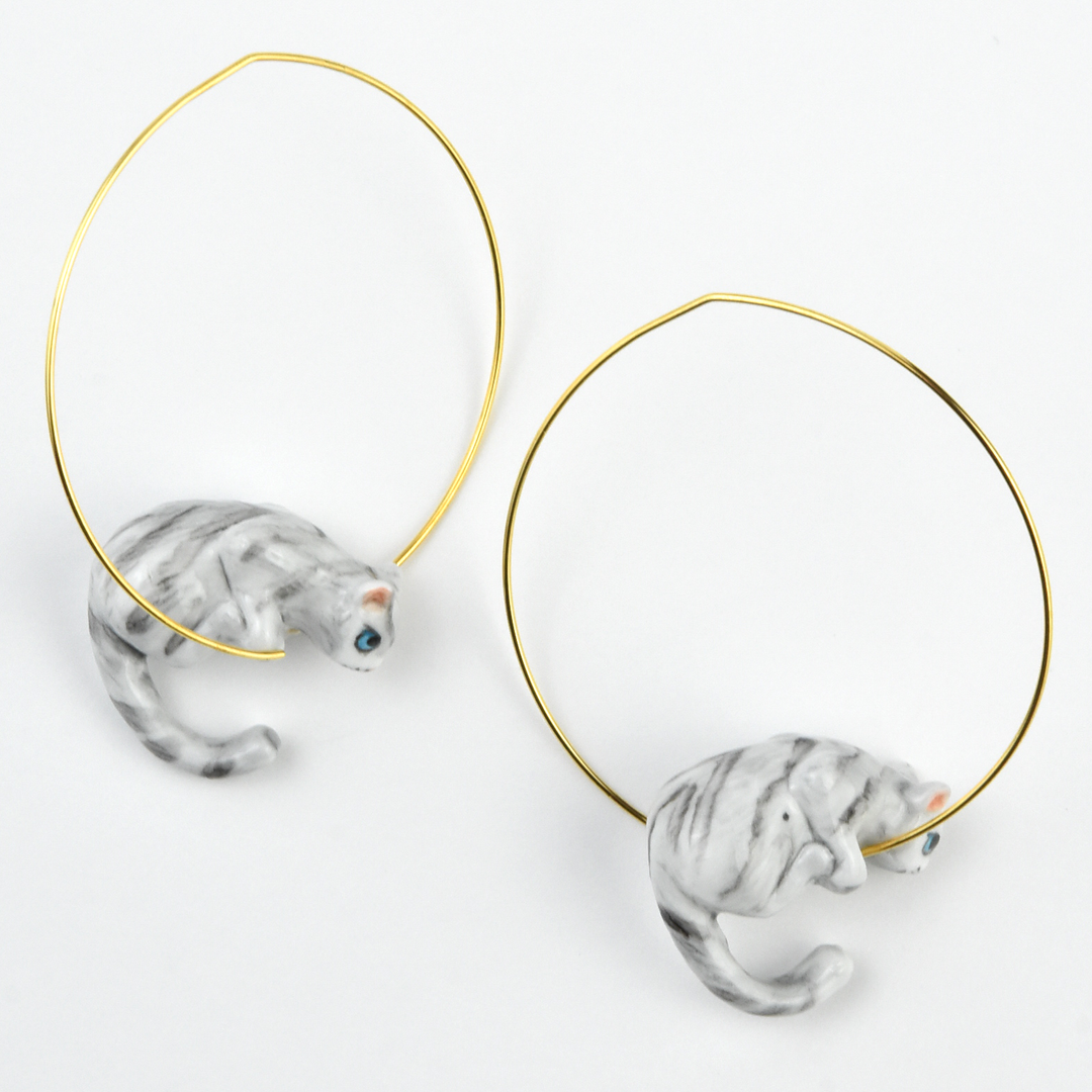 Grey Tabby Cat Hoop Earrings - Goldmakers Fine Jewelry