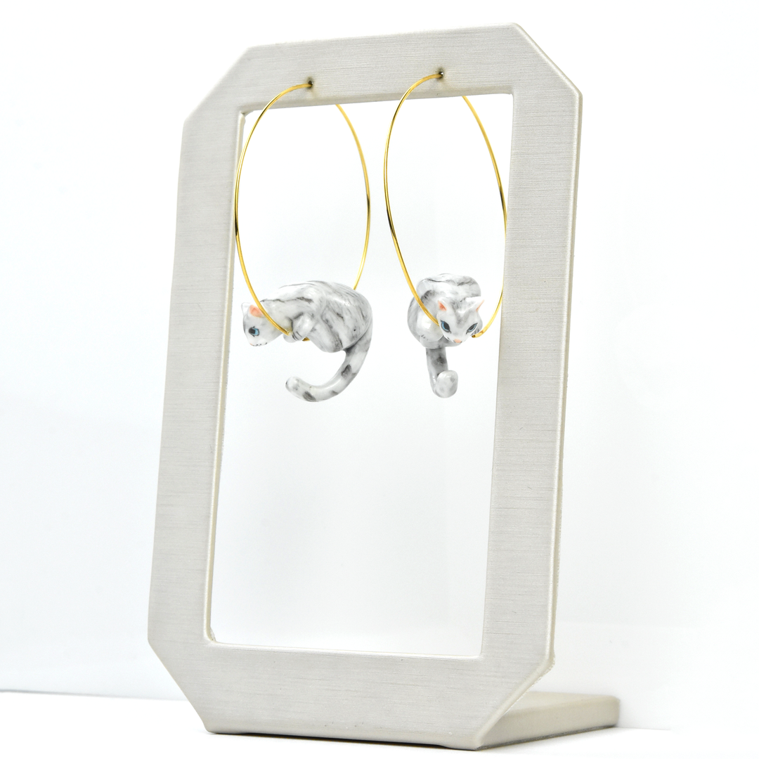Grey Tabby Cat Hoop Earrings - Goldmakers Fine Jewelry