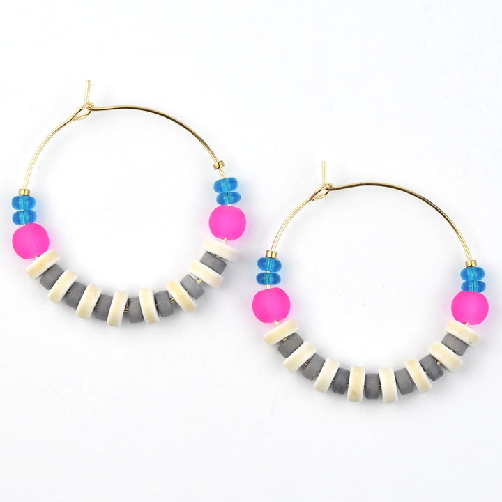 Neon Pink, White and Grey Hoops - Goldmakers Fine Jewelry