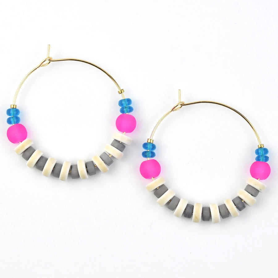Neon Pink, White and Grey Hoops - Goldmakers Fine Jewelry