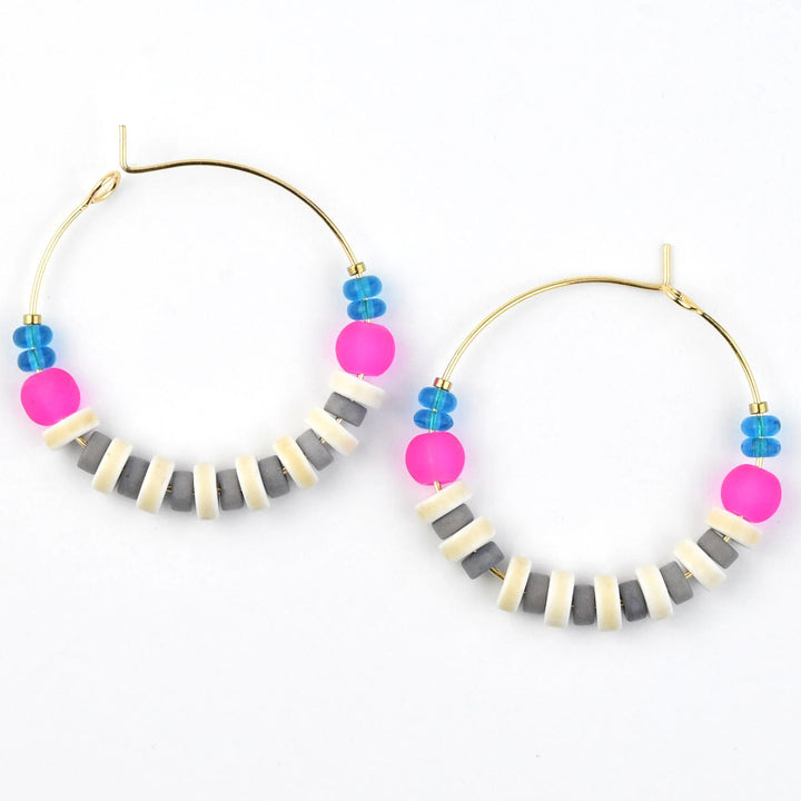 Neon Pink, White and Grey Hoops - Goldmakers Fine Jewelry