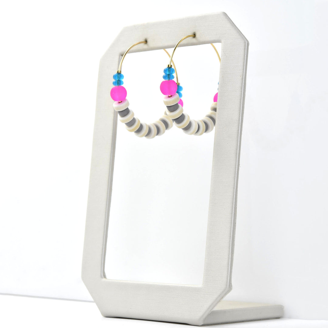 Neon Pink, White and Grey Hoops - Goldmakers Fine Jewelry