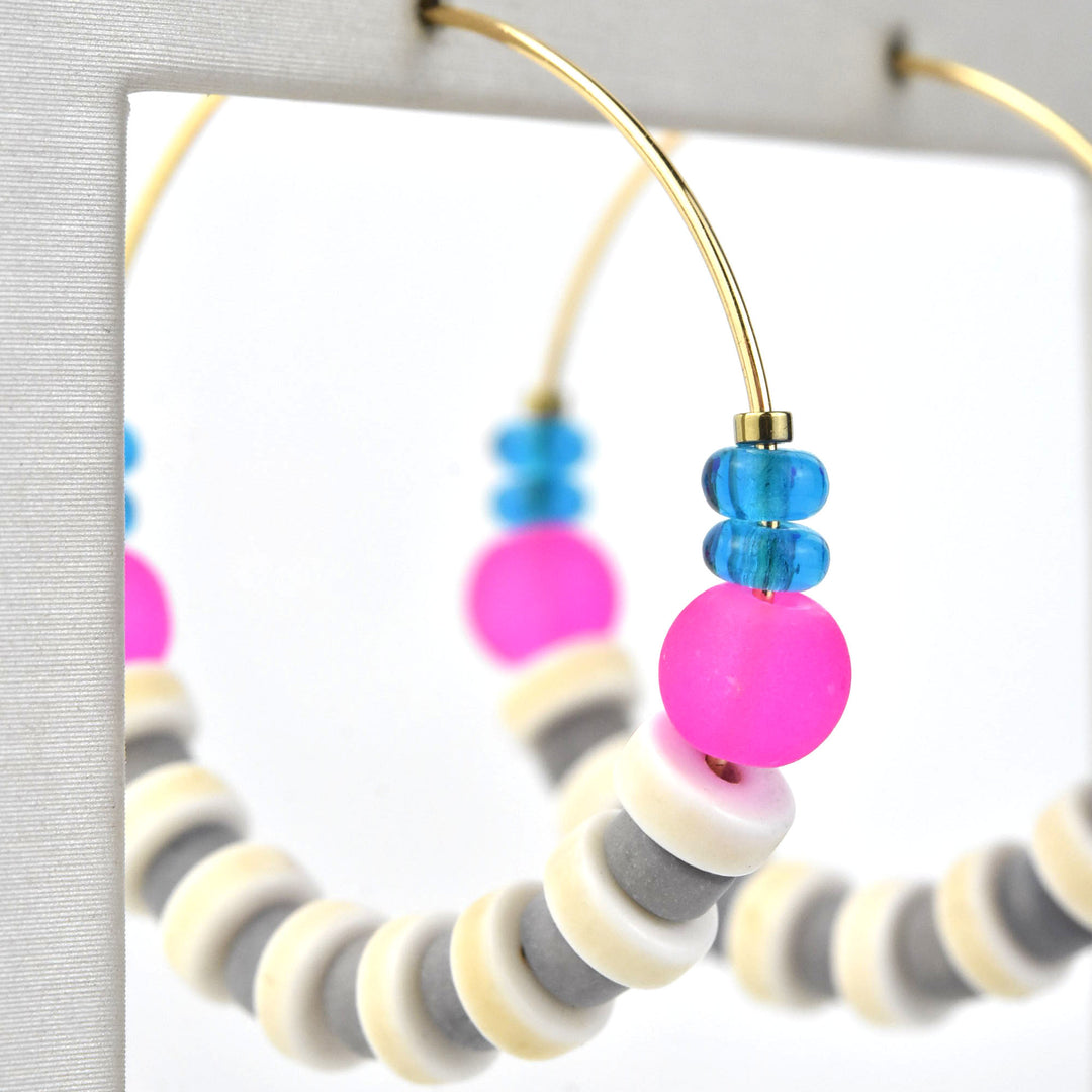 Neon Pink, White and Grey Hoops - Goldmakers Fine Jewelry