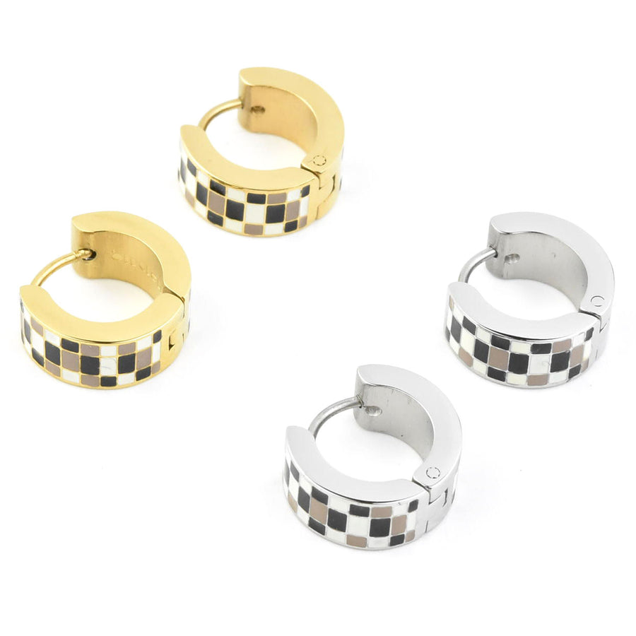 Neutral Checkered Super Chunky Huggie Hoops - Goldmakers Fine Jewelry
