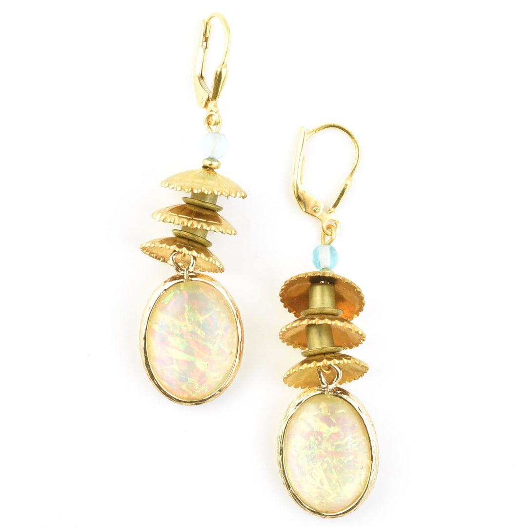 Opalized Art Glass and Brass Earrings