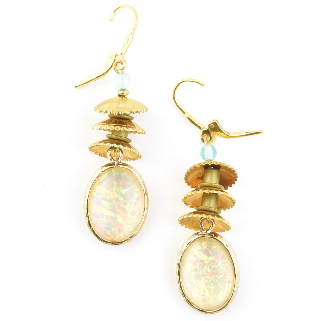 Opalized Art Glass and Brass Earrings
