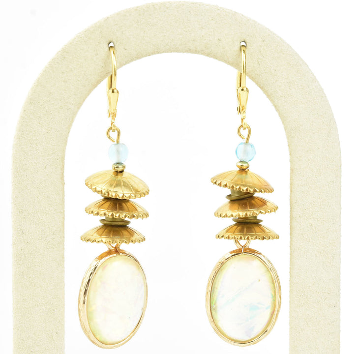 Opalized Art Glass and Brass Earrings