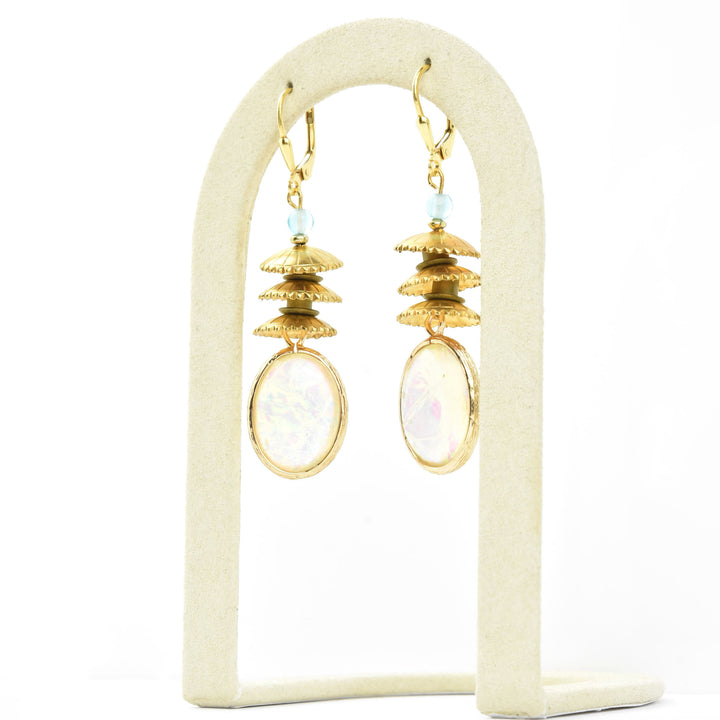 Opalized Art Glass and Brass Earrings