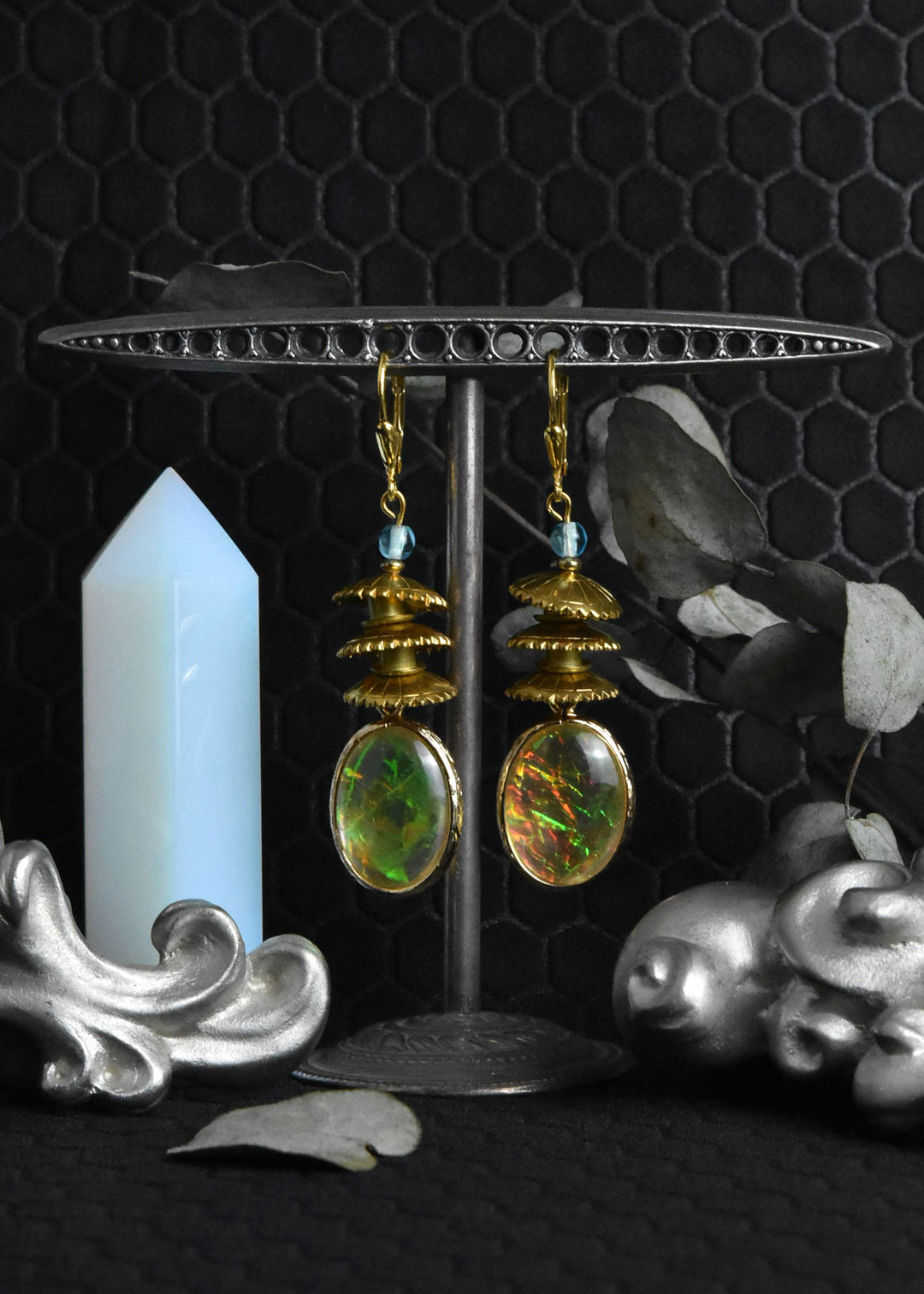 Opalized Art Glass and Brass Earrings