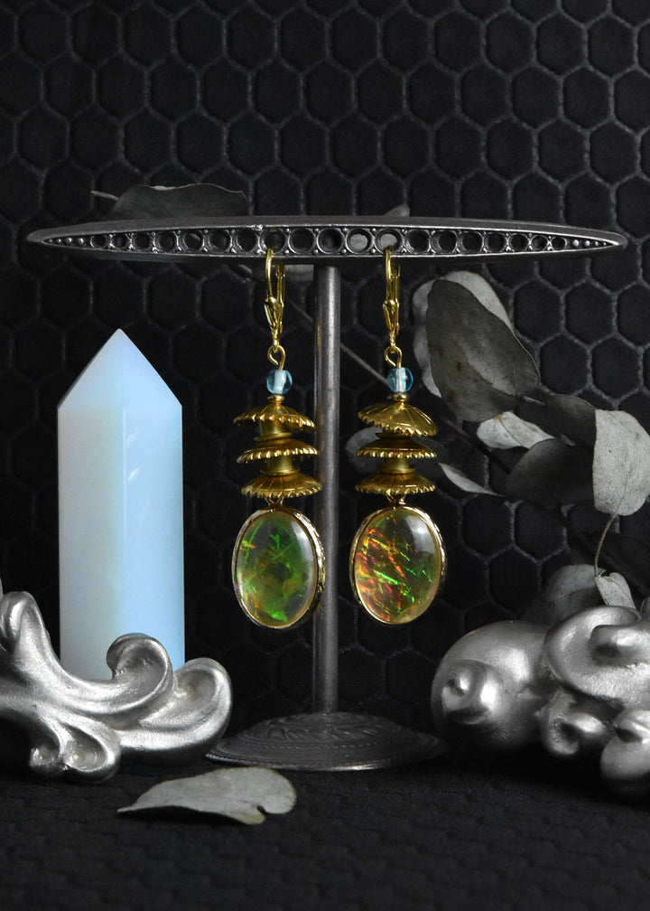 Opalized Art Glass and Brass Earrings
