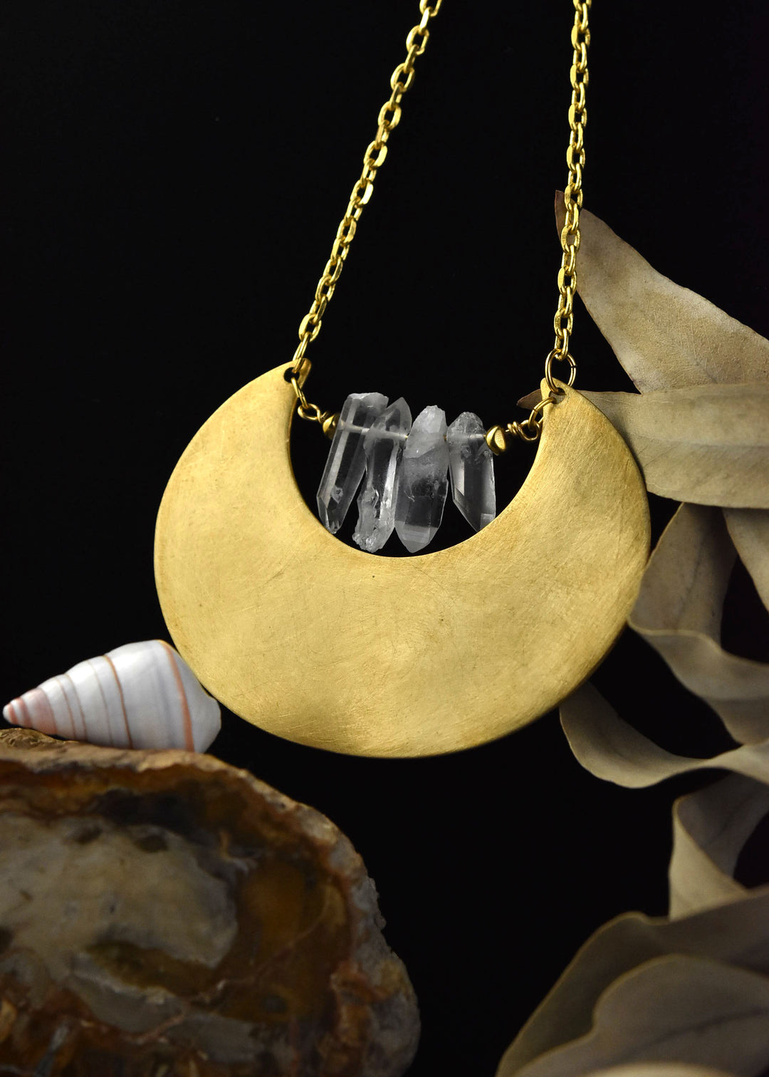 Open Moon Necklace with Crystals
