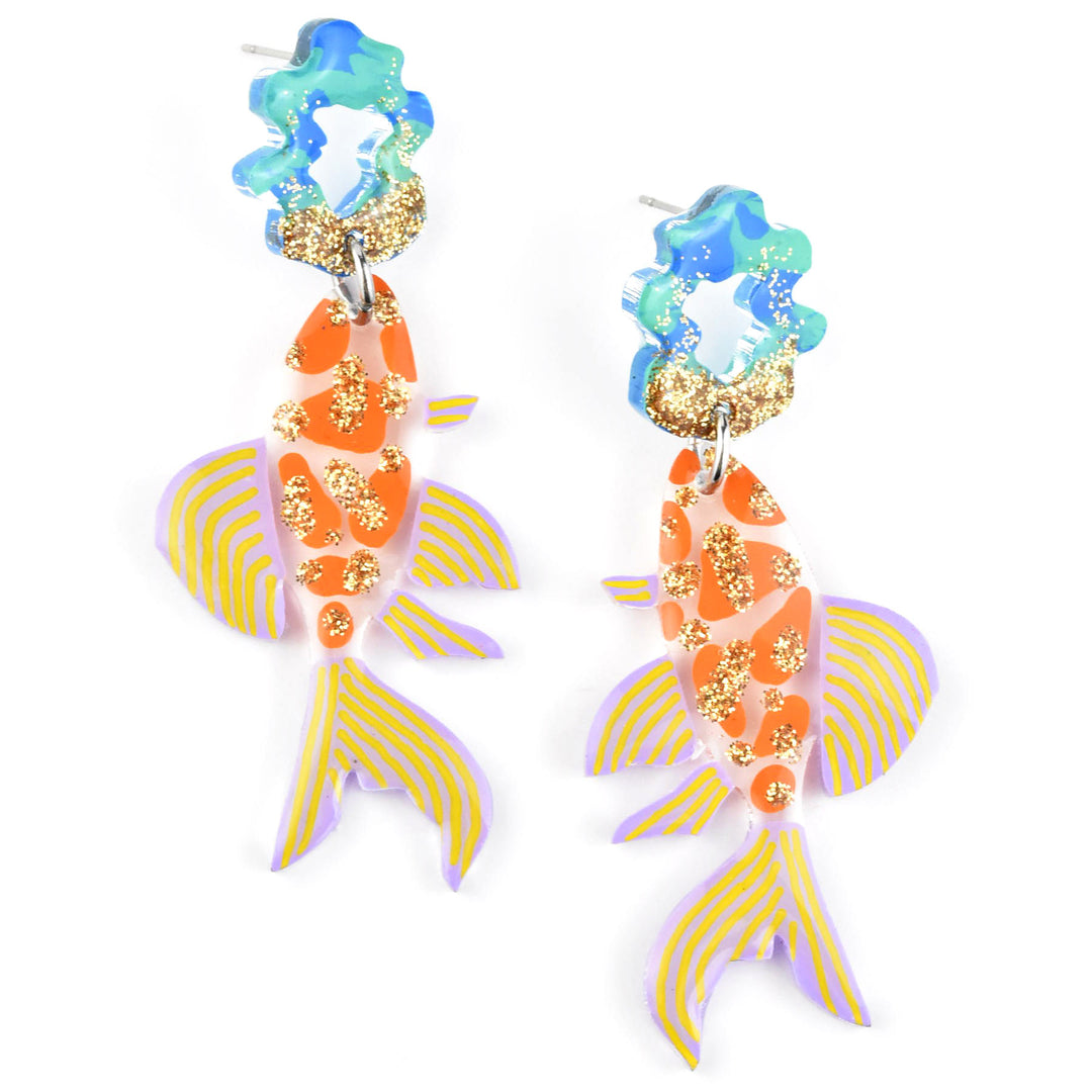 Orange Glitter Fish Earrings