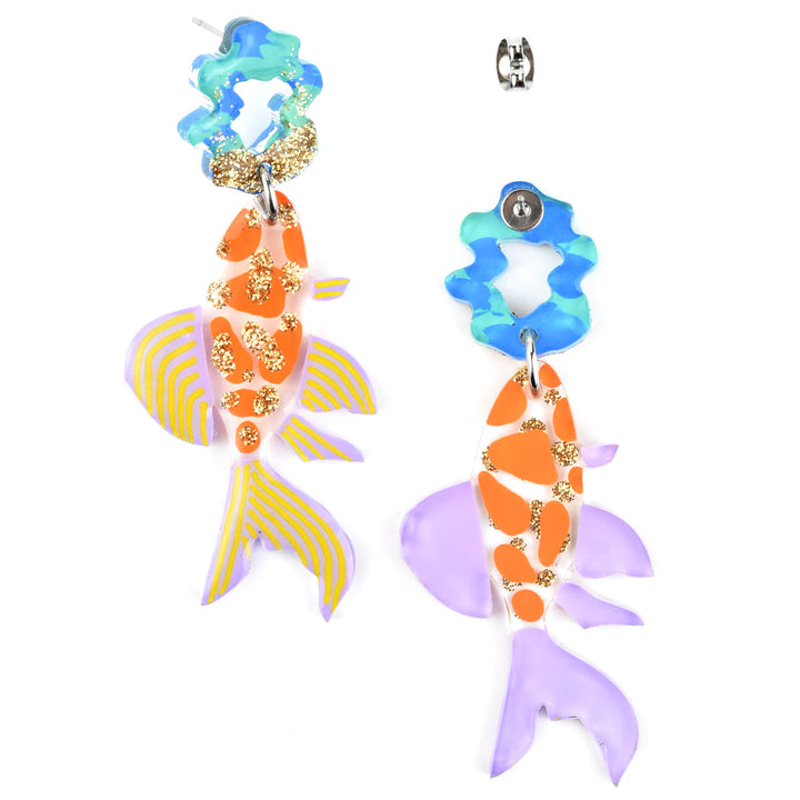 Orange Glitter Fish Earrings