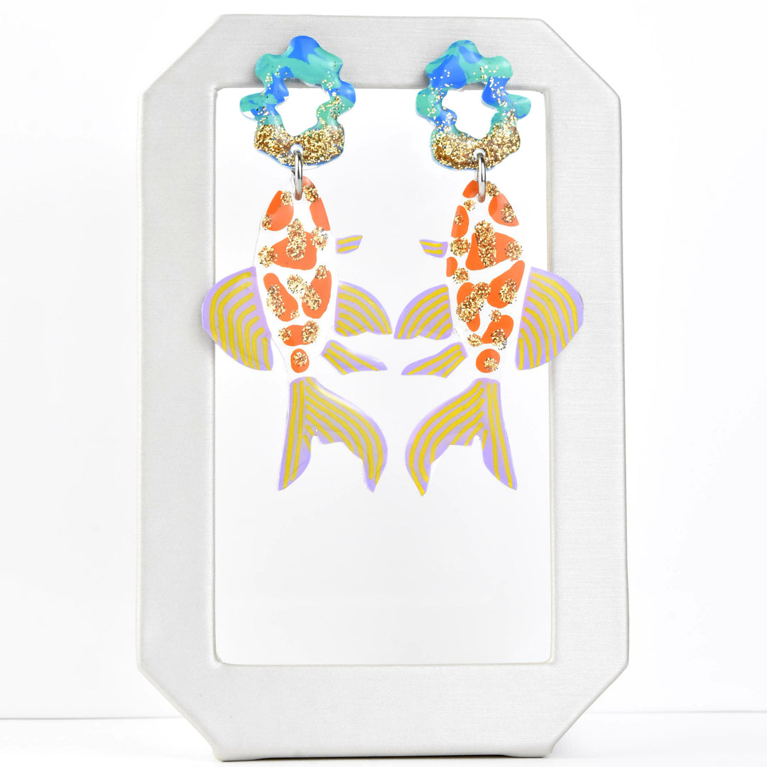 Orange Glitter Fish Earrings