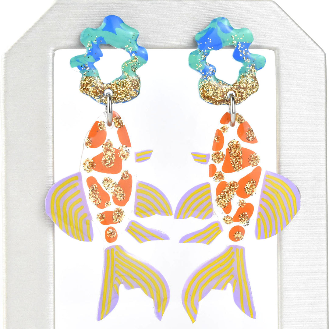 Orange Glitter Fish Earrings