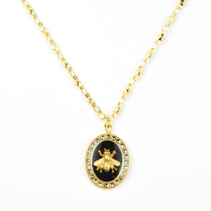 Oval Bee Necklace in Black Enamel - Goldmakers Fine Jewelry
