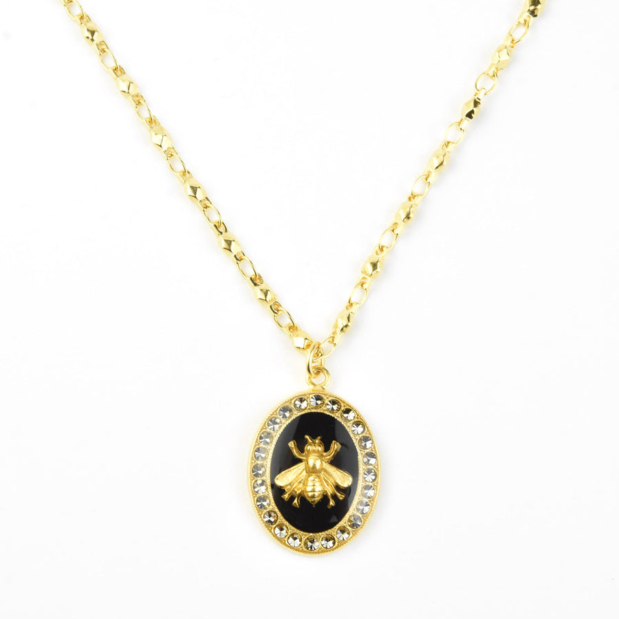 Oval Bee Necklace in Black Enamel - Goldmakers Fine Jewelry