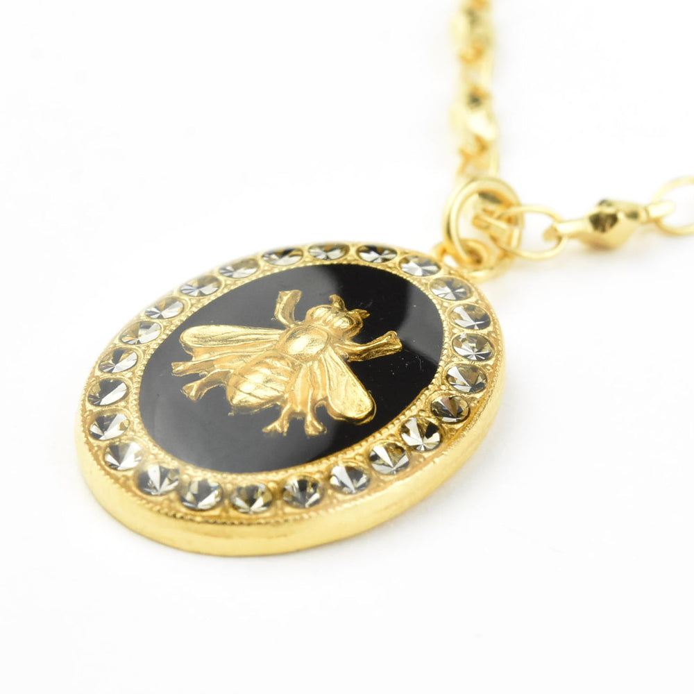 Oval Bee Necklace in Black Enamel - Goldmakers Fine Jewelry