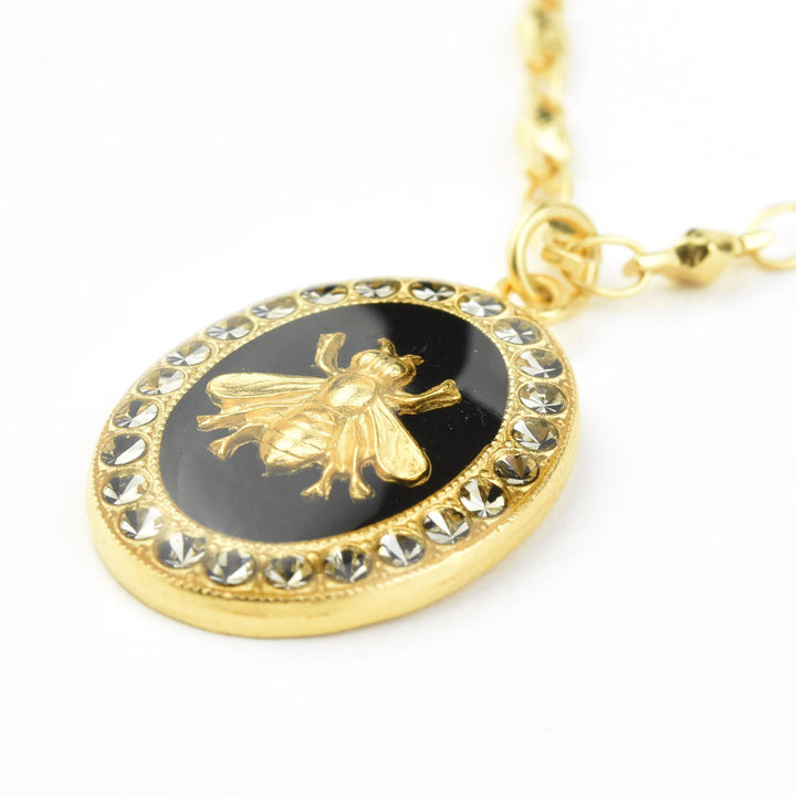 Oval Bee Necklace in Black Enamel - Goldmakers Fine Jewelry