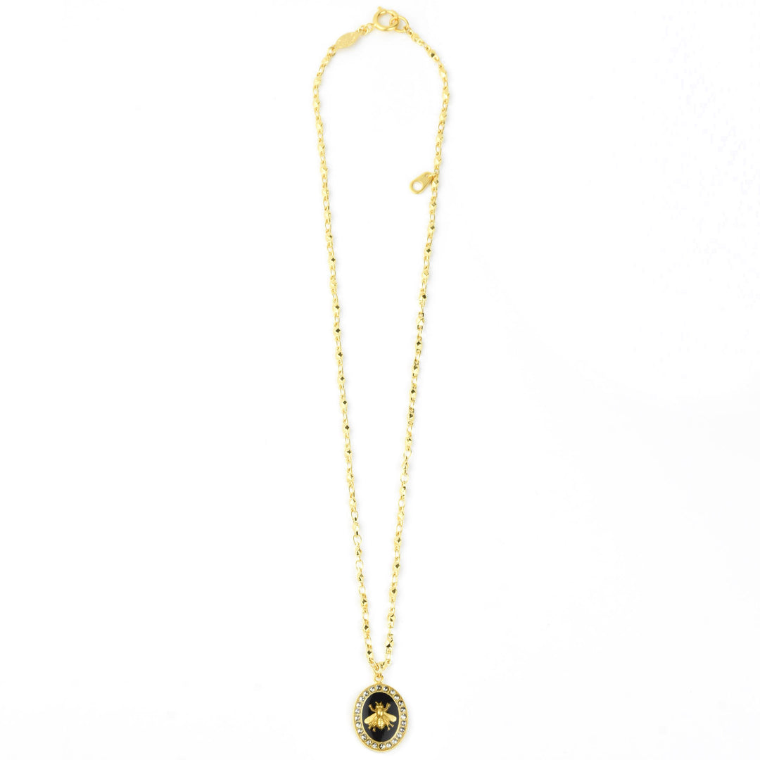 Oval Bee Necklace in Black Enamel - Goldmakers Fine Jewelry