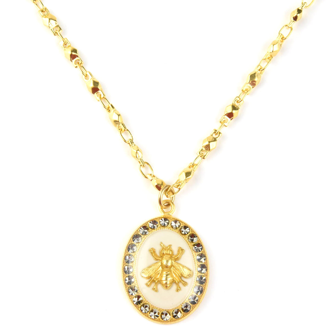 Oval Bee Necklace in White Enamel - Goldmakers Fine Jewelry