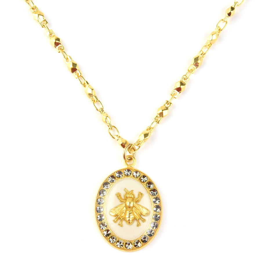 Oval Bee Necklace in White Enamel - Goldmakers Fine Jewelry
